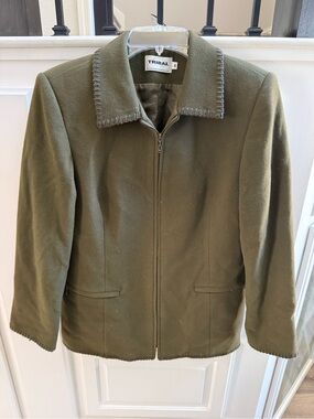 Tribal Olive Green Zip-Front Wool/Cashmere Blend Blazer Jacket